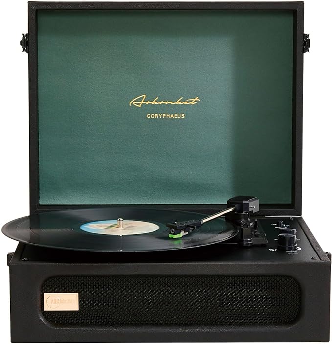 Arkrocket Coryphaeus Vinyl Record Player 3-Speed Bluetooth Input and Output Built-in Speakers with Magnetic Cartridge Auto Off (Black Green)