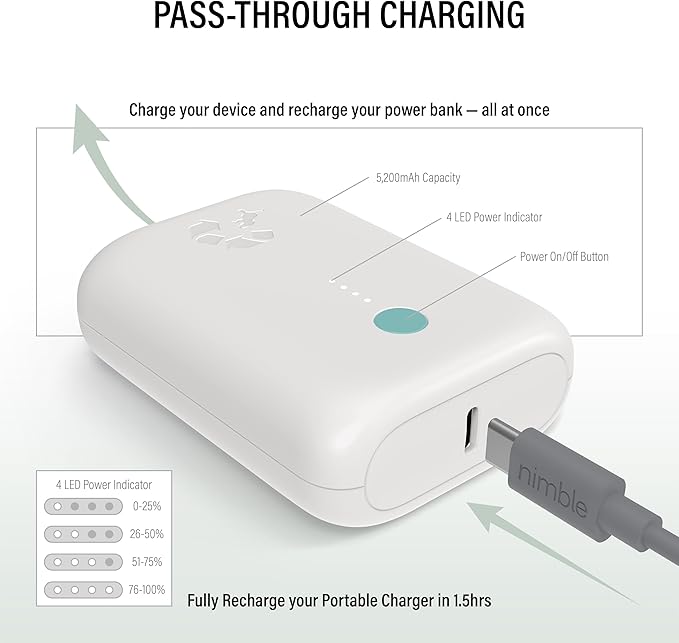 Nimble Champ Lite Portable Charger, 5200mAh Fast Charging Power Bank 15W USB C and A Port with Cable, Travel Essential Battery Pack for iPhone Galaxy Pixel MacBook iPad Kindle Airpod Laptop Tablet