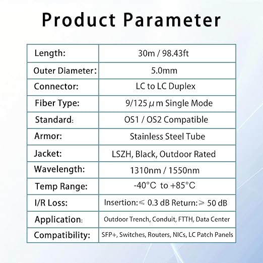 30M/100FT LC to LC Armored Outdoor Fiber Optic Cable, Single Mode Duplex 9/125μm SMF Fiber Patch Cord, OS1/OS2 Compatible, Black LSZH Jacket, Uniboot Jumper for FTTH, Data Center, Long-Distance Use