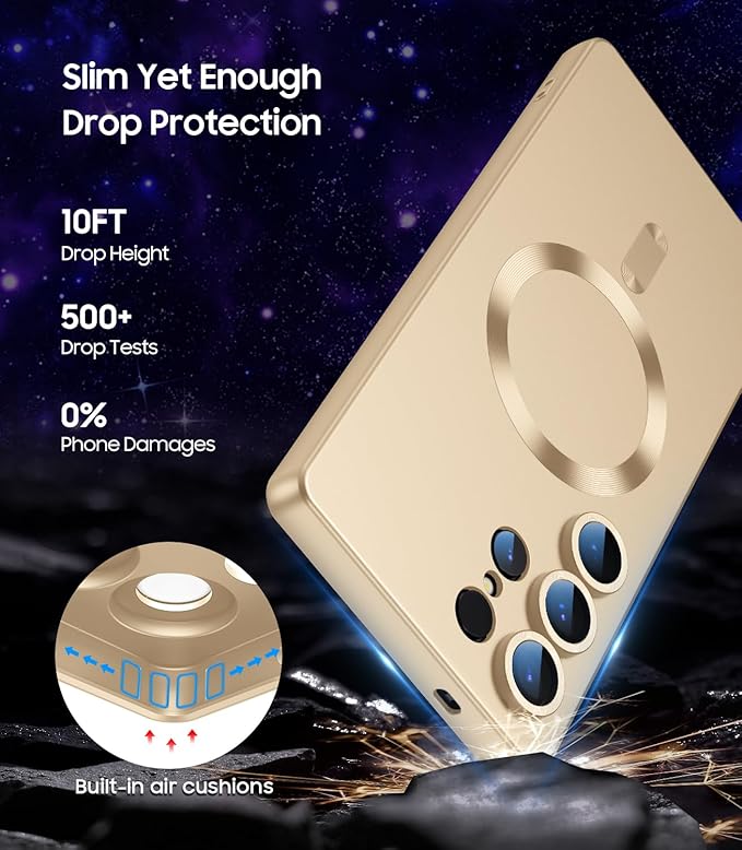 Magnetic for Samsung Galaxy S25 Ultra Case [Compatible with MagSafe][Built-in Camera Lens Protector] Slim Soft Silicone Bumper Shockproof Metallic Luster Phone Shell (Gold)