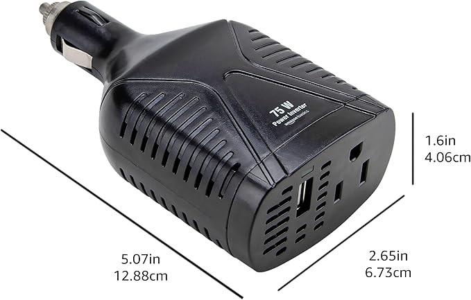 Amazon Basics 75W Car Power Inverter 12V to 110V for Vehicles, Black, 5.07 x 2.65 x 1.6 inches