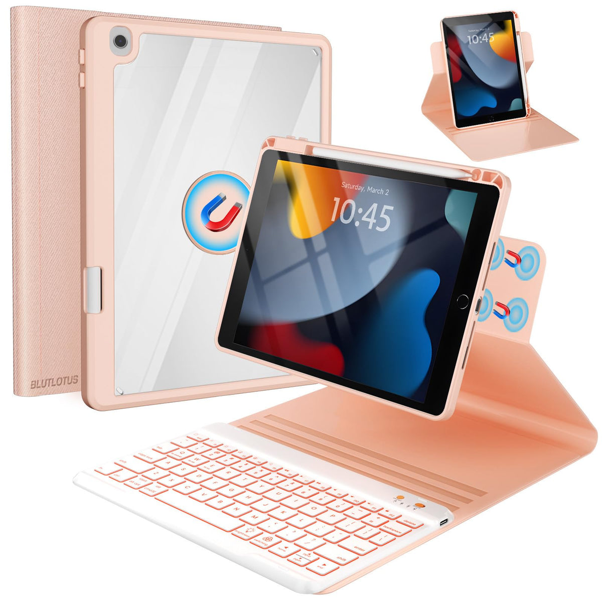 iPad 7th/8th/9th Generation Case with Keyboard 10.2-inch 2019/2020/2021, iPad Air 3rd/Pro 10.5-inch 2017 Compatible, 7 Color Backlit Keyboard BT/Wireless/Detachable with Pencil Holder (Mint Green)