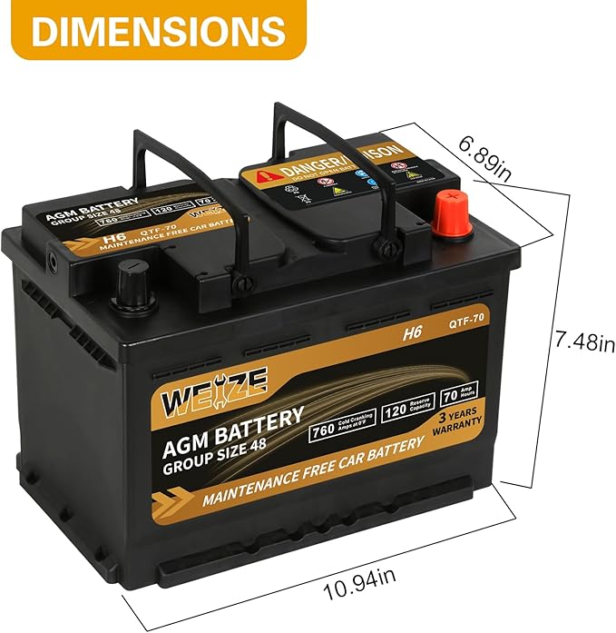 Weize Platinum AGM Battery BCI Group 48-12v 70ah H6 Size 48 Automotive Battery, 120RC, 760CCA, 36 Months Warranty, Dimensions 10.94" L x 6.89" W x 7.48" H