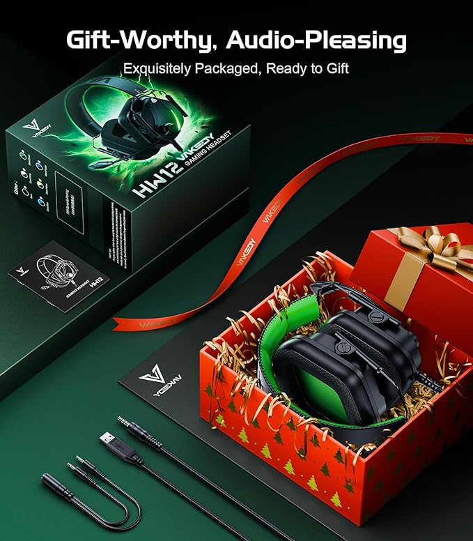 HW12 Gaming Headset for PC,PS5,PS4,Xbox One,Switch,Gaming Headphones with Microphone Wired Headset with 3.5mm Audio Jack (Black/Green)