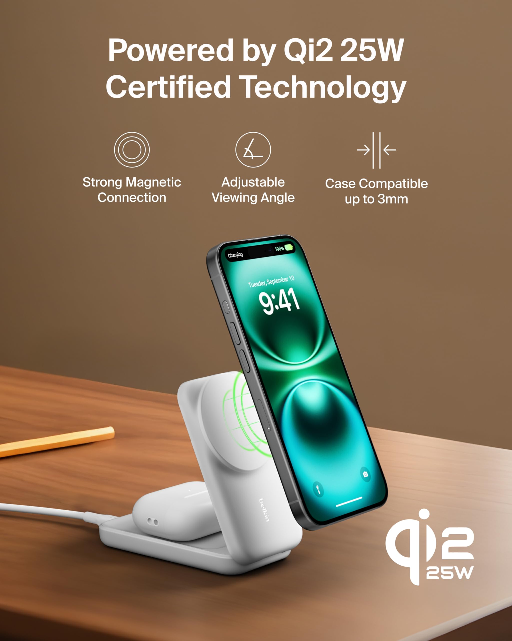 Belkin Qi2.2 25W Wireless 2 in 1 Foldable Fast Charging Station for iPhone