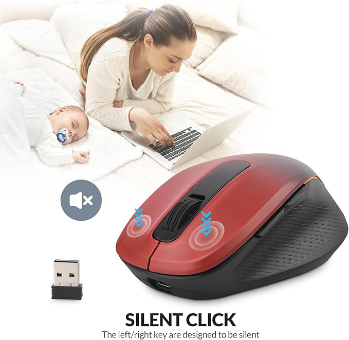 Rii Wireless Mouse Rechargeable, 2.4 GHz with USB Receiver, 1000/1200/1600 DPI, Ergonomic Grips, Silent Keys, Cordless Computer Mice for Laptop, PC, Desktop, Mac-Black&Red