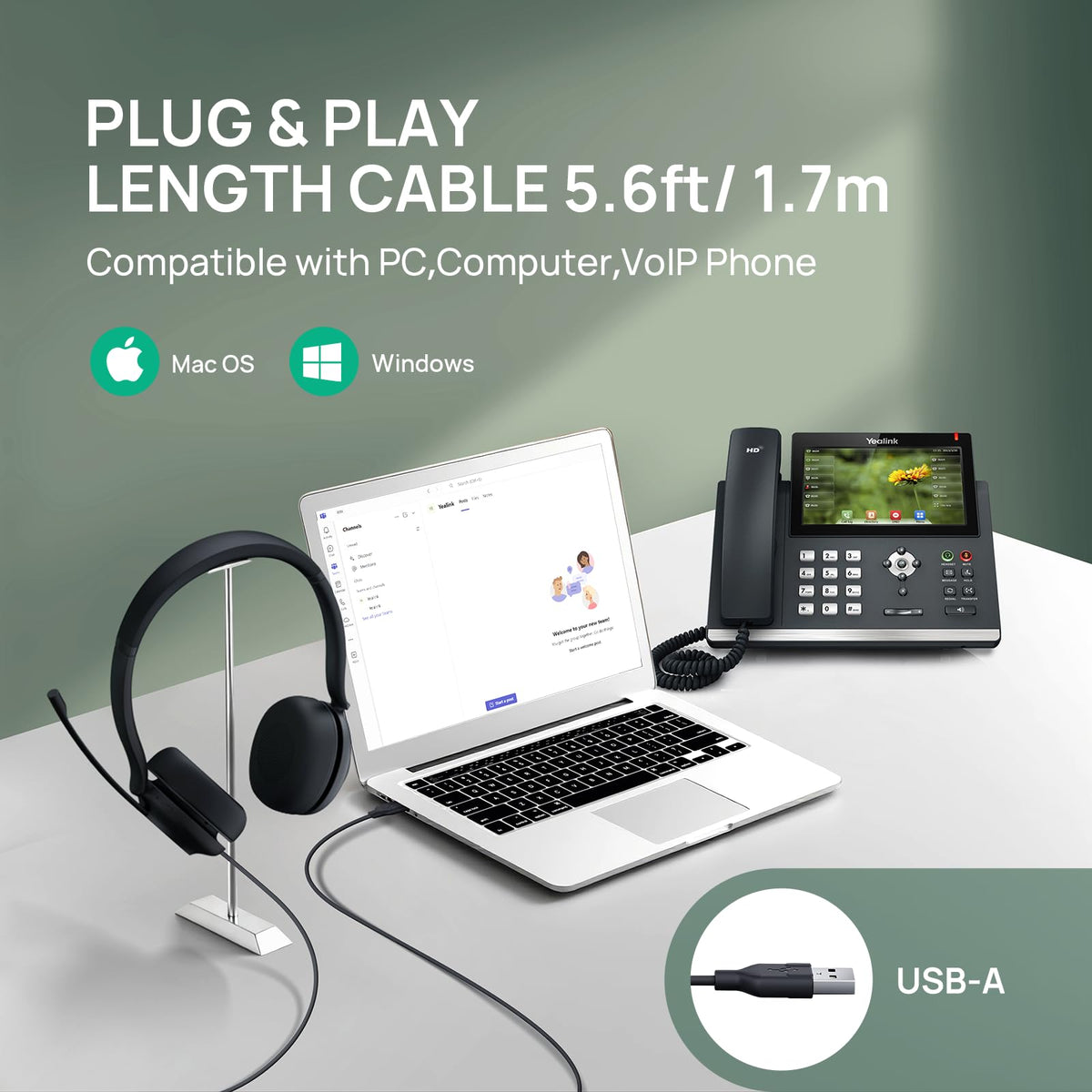 Yealink UH35 Wired Headset,USB-A,AI Noise Canceling Mic,Call Control,On-Ear