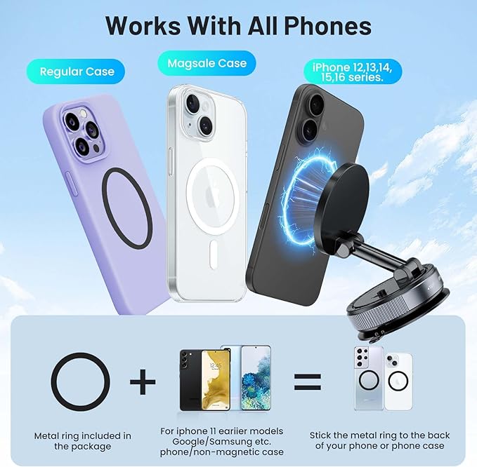 Magnetic Phone Holder for Car, Suction Cup Phone Mount, Foldable Vacuum Magnetic Phone Holder with Adjustable Swivel Lock, 360°Adjustable Phones Stand for All Smartphones,Cars, Trucks,Home,Gym