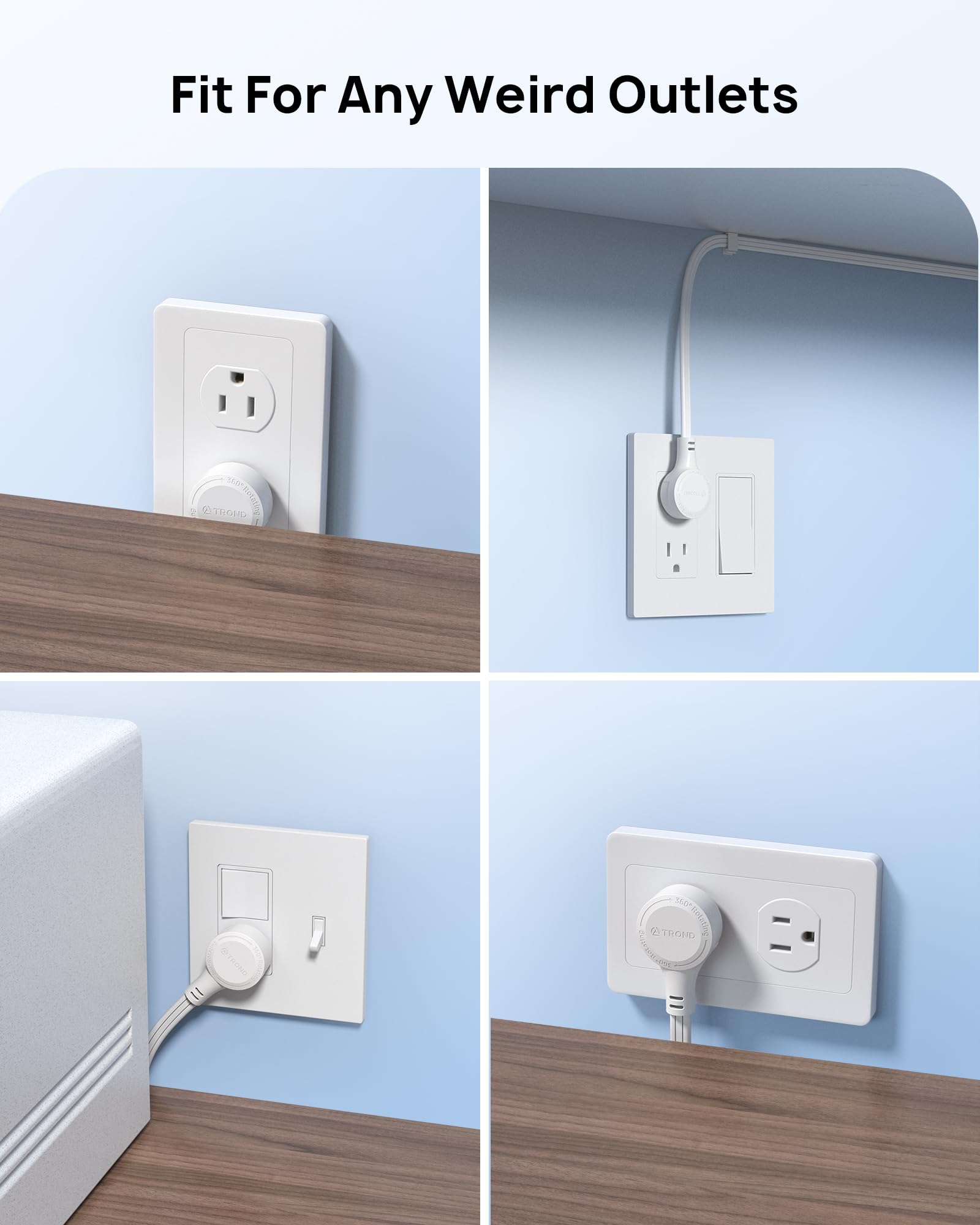 TROND Rotating Flat Plug Extension Cord Surge Protector 1.5ft, 3 AC, White