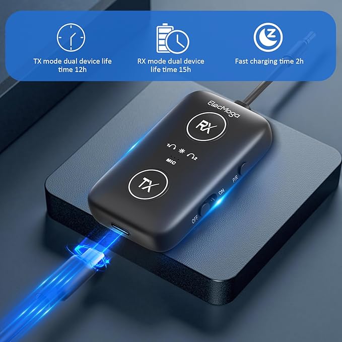 2025 Upgraded Airplane Bluetooth 5.4 Adapter with aptX Adaptive, ElecMoga Airplane Travel Essentials Supports 2 AirPods or Headphones, 2-in-1 AUX Wireless Transmitter Receiver for Gym, TV, Car, Audio