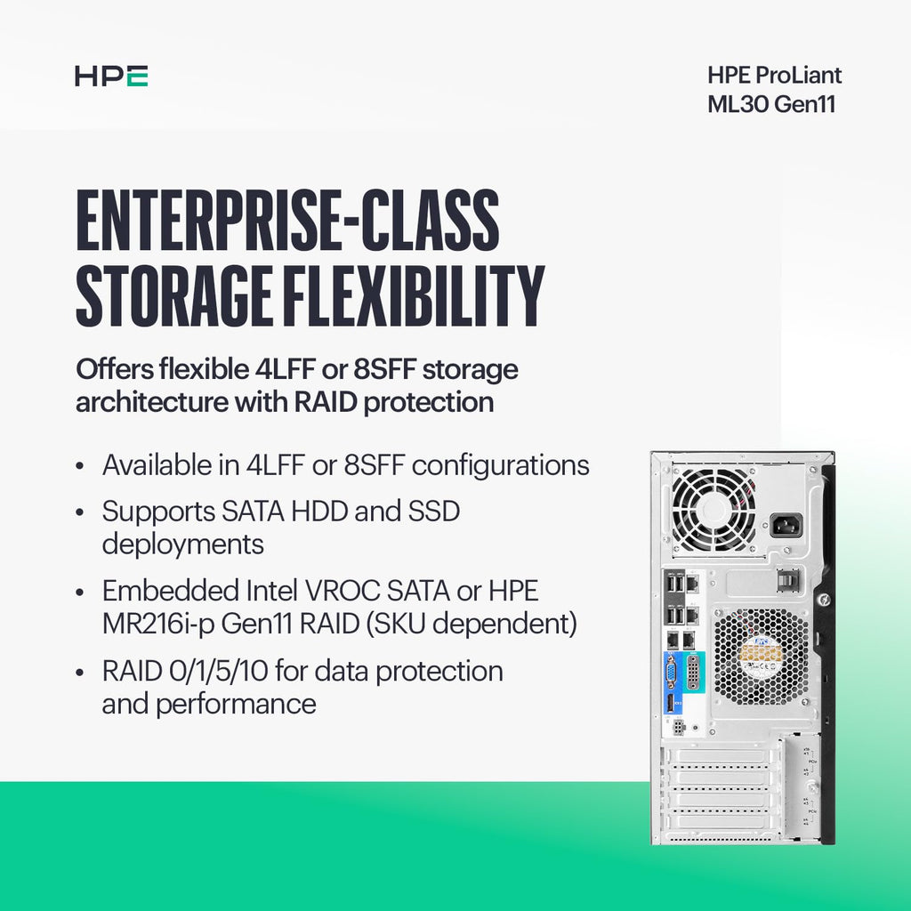 Hewlett Packard Enterprise ProLiant ML30 Gen11 Tower Server w/one Inte Xeon 6315P Processor, 2.8GHz, 4c 1P 1x16GB-U 4LFF-NHP 2x1TB HDD 1x350W PS (HPE Smart Choice P83315-005)