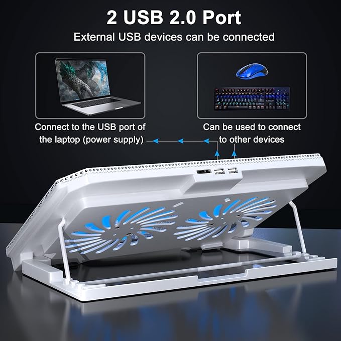 LIENS Laptop Cooling Pad with Adjustable Height Two 5.1 Inches Fan 2 USB Ports Suitable for 12"-15.6" Laptops（White）
