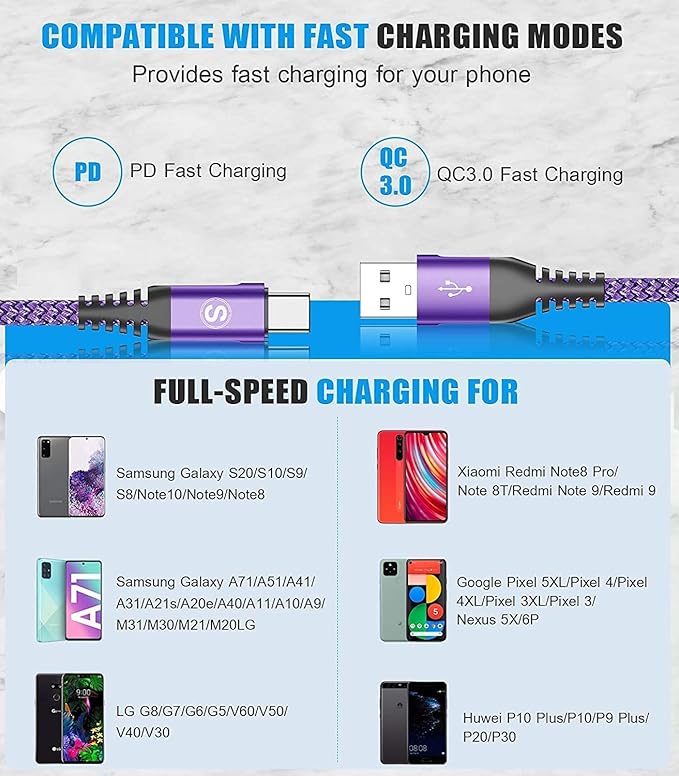 sweguard USB Type C Charger Cable [3-Pack,10ft+6.6ft+3.3ft] iPhone 16 Charger Nylon Braided Cord for iPhone 16 15 Pro Max Plus Samsung Galaxy S24 S23 S22 S21 S20 S10 Note 20 10 A54 Pixel LG Moto PS5