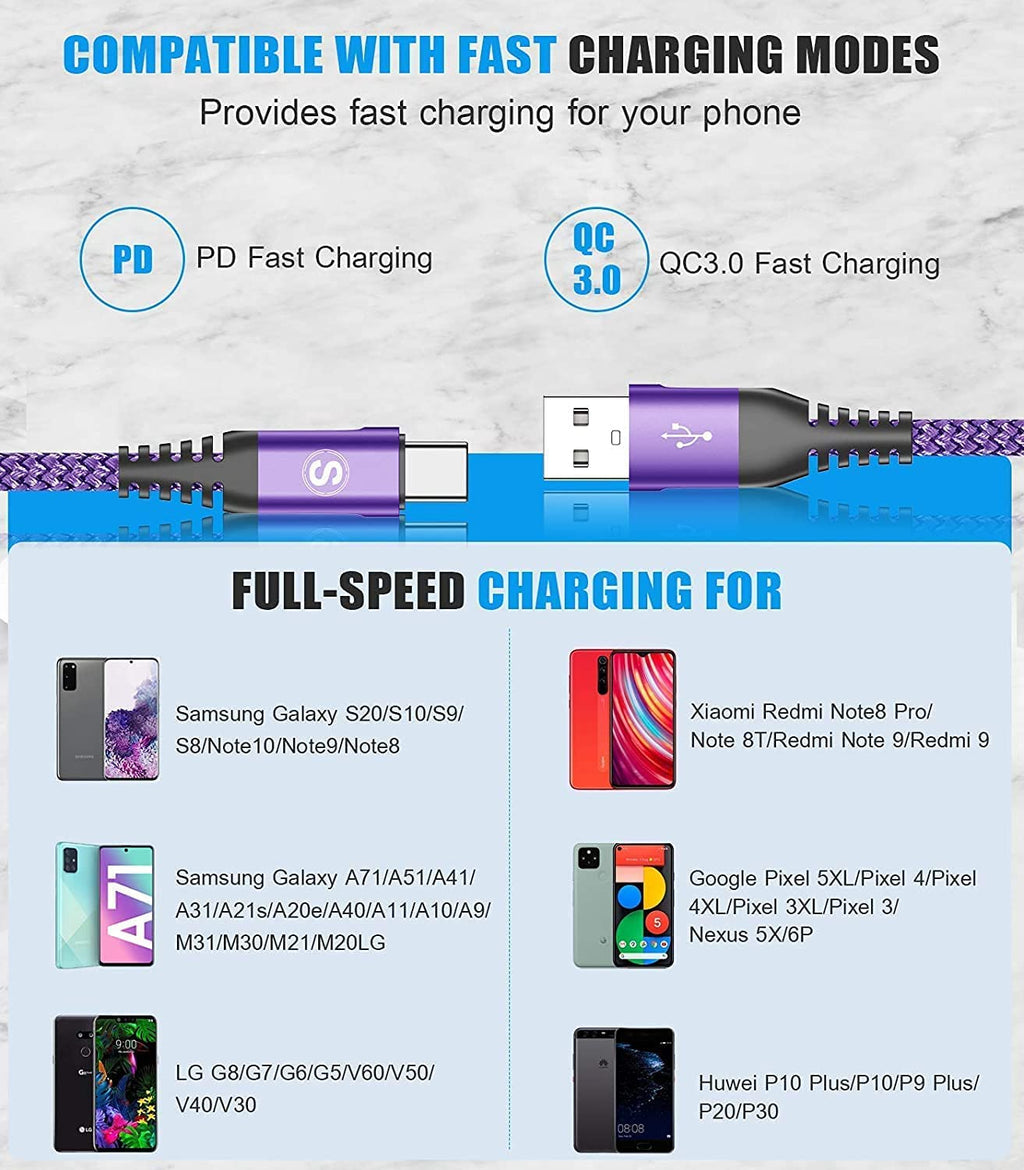 sweguard USB Type C Charger Cable [3-Pack,10ft+6.6ft+3.3ft] iPhone 16 Charger Nylon Braided Cord for iPhone 16 15 Pro Max Plus Samsung Galaxy S24 S23 S22 S21 S20 S10 Note 20 10 A54 Pixel LG Moto PS5