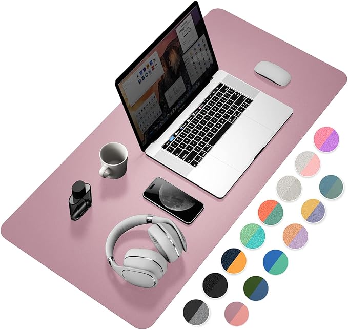 YSAGi Desk Mat, 35.4" x 17" Waterproof Laptop Leather Pad Protector, Large Blotter for Keyboard and Mouse, Writing Pad for Office and Home (Dark Pink+Pink)