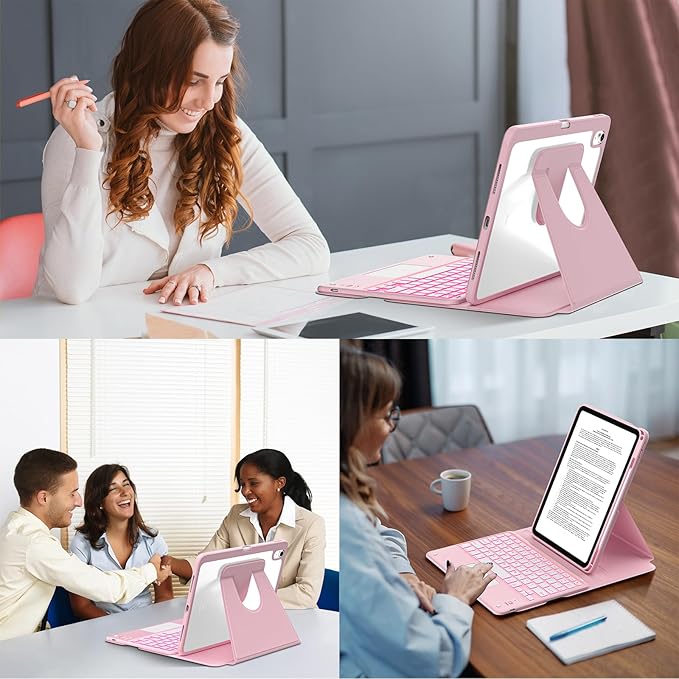 TaIYanG Touchpad for iPad A16 11th/10th Generation Case with Keyboard, 7 Color Backlit 360 Rotation Cover with Pencil Holder,Detachable Keyboard for iPad 11 inch 2025/10th Gen 10.9'' 2022 (Light Pink)