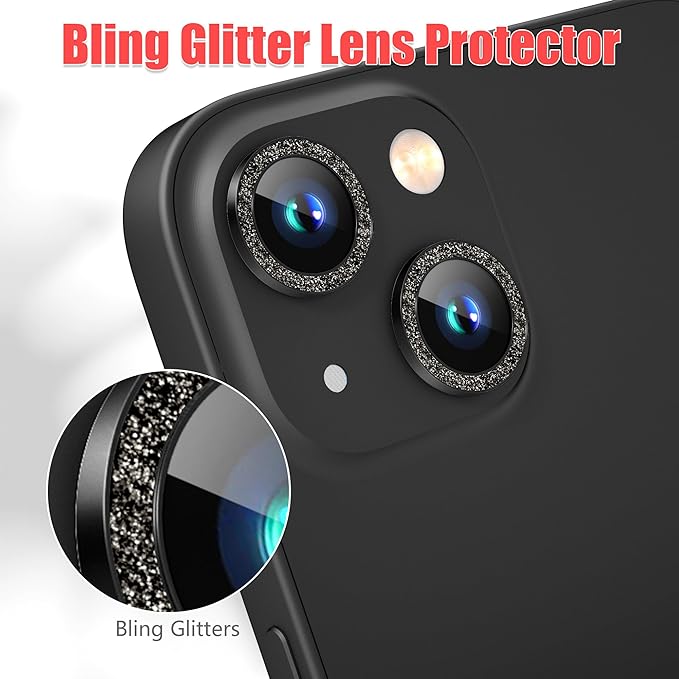 AGVEE 3+3 6 Pack for iPhone 15 6.1" / 15 Plus 6.7" Camera Lens Protector, Bling Diamond & Bling Glitter Metal Ring 9H Tempered HD Glass Camera Cover Film, Bling-Black
