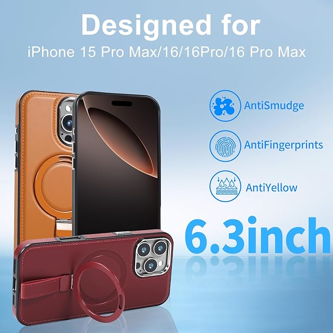 Leather Case, Suitable for iPhone 16 Pro Max Case, Invisible Magnetic Design, Equipped with a Lanyard and Foldable Stand, Black, Yellow and red (Black, iPhone 16 Pro Max)