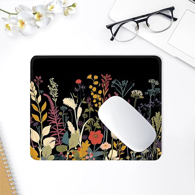 ITNRSIIET Mouse Pad with Stitched Edge Premium Textured Smooth Precise Operation Waterproof Washable Non-Slip Rubber Base Desktop Protection Mat, 10.2×8.3×0.12 inches, Pretty Flowers Plants