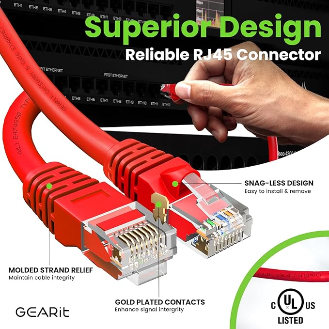 GearIT Cat 6 Ethernet Cable (10-Pack 5 Feet) Cat6 Network Patch, 10Gbps, RJ45, Snagless Cord, Gold-Plated Connectors, Internet for PC, TV, Tablet, Router, Printer, Servers, IT Data Center - Red