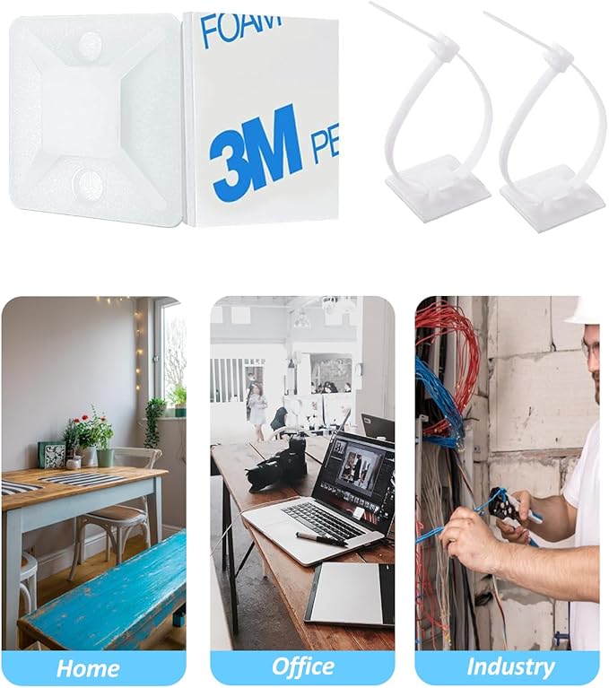 Cable Management Kit - 100 Set Adhesive Cable Zip Tie Mounts with 8" Zip Ties | UV Resistant Wire Organizers for Indoor/Outdoor Use - White