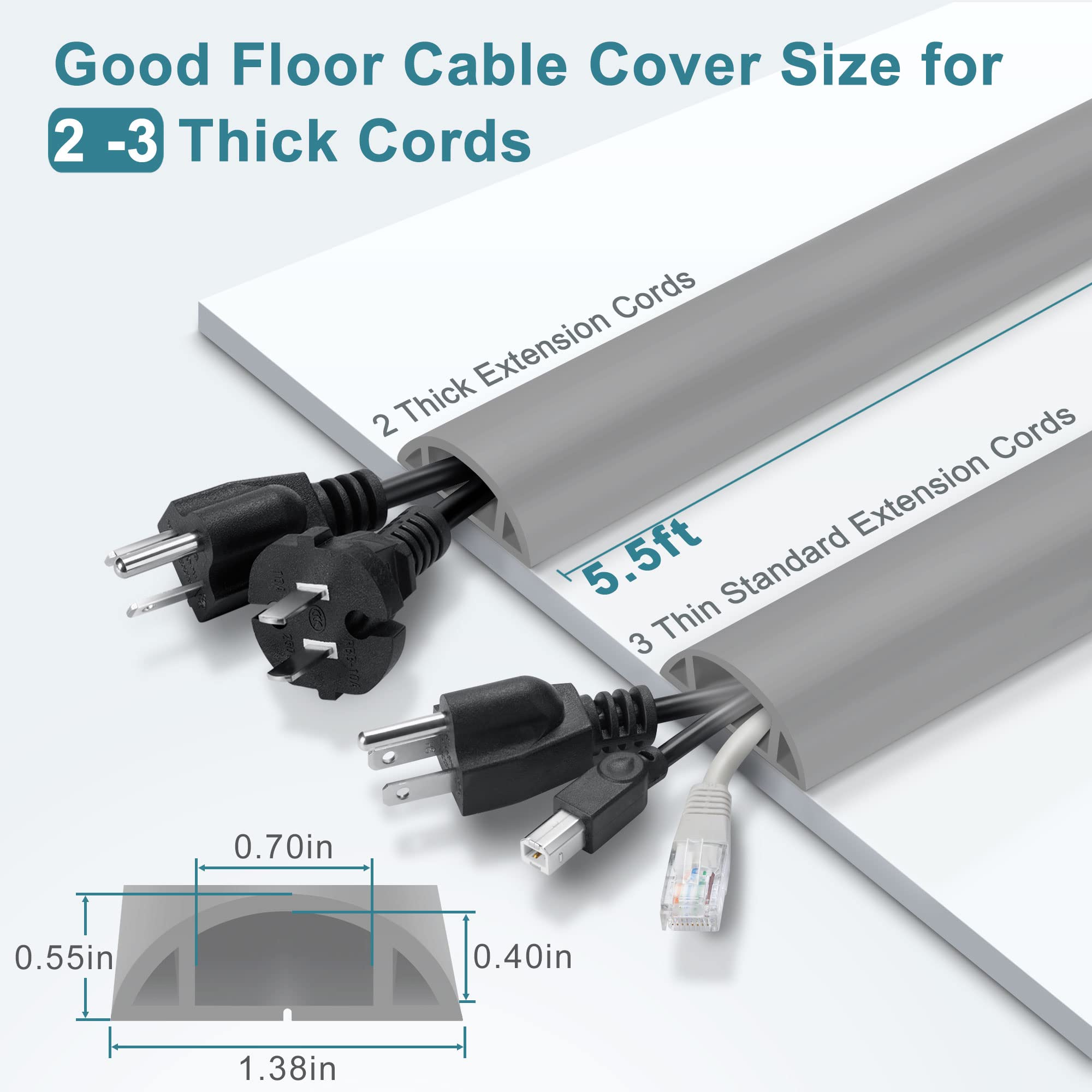 LZEOY 5.5FT Floor Cord Cover, Grey Soft Cable Cover Floor, Large Size Extension Cord Covers for Floor, Power Cord Protector Floor Wire Cover - Cord Channel Diameter: 0.7" (W) x 0.4" (H)