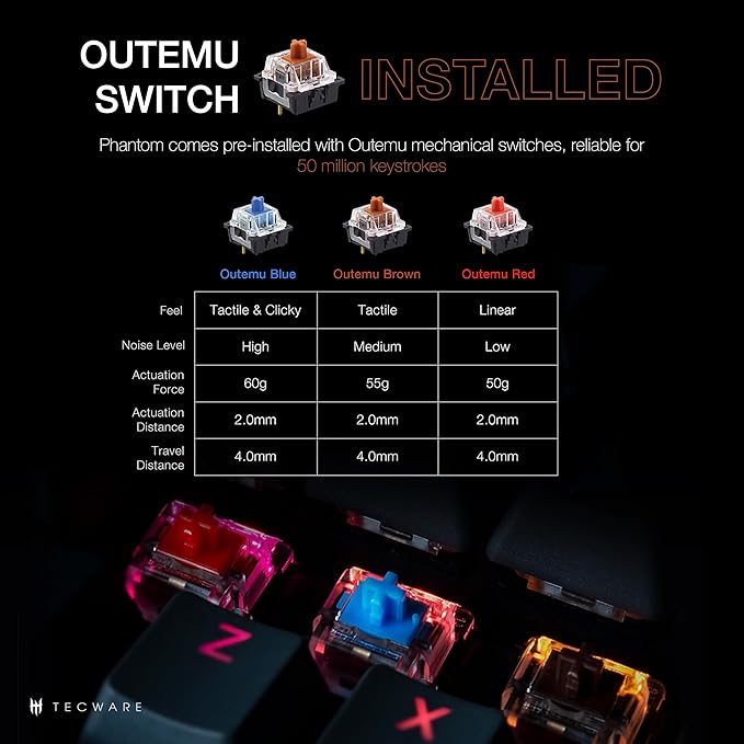 TECWARE Phantom 87 Key Mechanical Keyboard, RGB led, Outemu Brown Switch