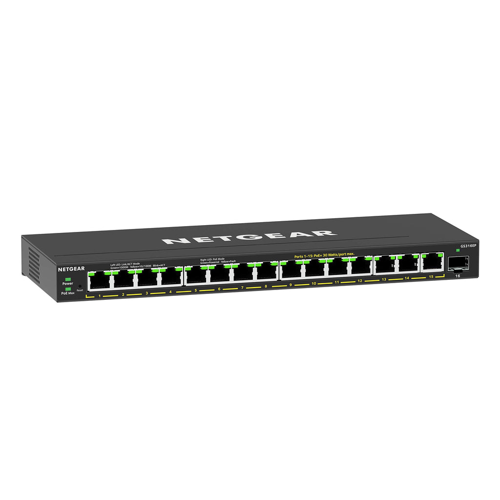 NETGEAR 16-Port PoE Gigabit Ethernet Easy Smart Essentials Switch (GS316EP) - Managed, with 15 x PoE+ @ 180W, 1 x 1G SFP Port, Desktop or Wall Mount