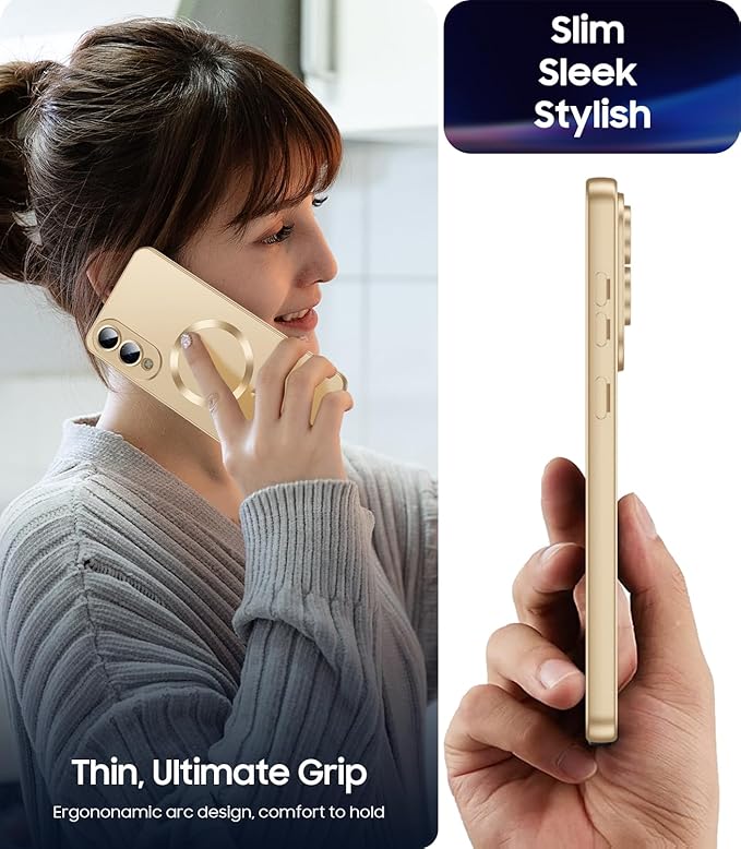Magnetic for Samsung Galaxy S25 Edge Case [Compatible with MagSafe][Built-in Camera Lens Protector] Slim Soft Silicone Bumper Shockproof Metallic Luster Phone Case (Gold)