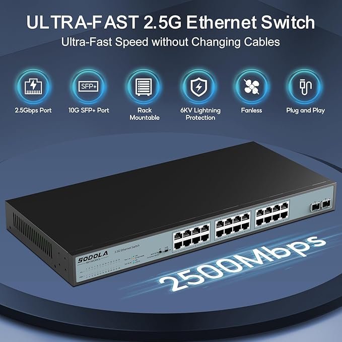 SODOLA 24 Port 2.5Gb Umanaged Switch,24X2.5G Base-T Ports,2X10G SFP, 160Gbps Switching Capacity,Port Isolation,/IU Rack-Mount/Fanless/Plug & Play Multi-Gig Unmanaged Ethernet Switch