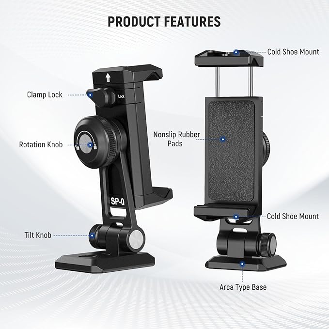 NEEWER SP-02 Phone Tripod Mount Adapter with Arca Type Quick Release Plate Cold Shoe 360° Rotation 180° Tilt Cleaning Cloth, Foldable Holder Compatible with iPhone Android Samsung for Video Recording