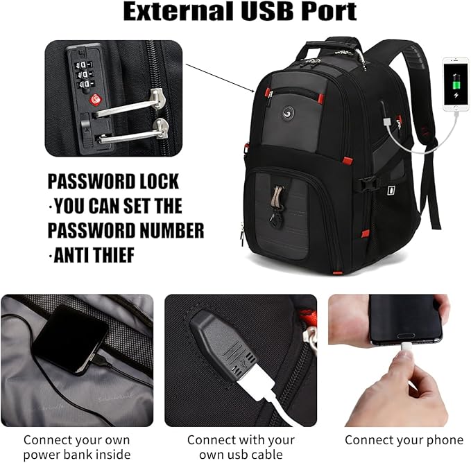 SHRRADOO Extra Large 50L Travel Laptop Backpack with USB Charging Port, College High School Backpack Airline Approved Business Work Bag Fits 17 Inch Computer for Men Women