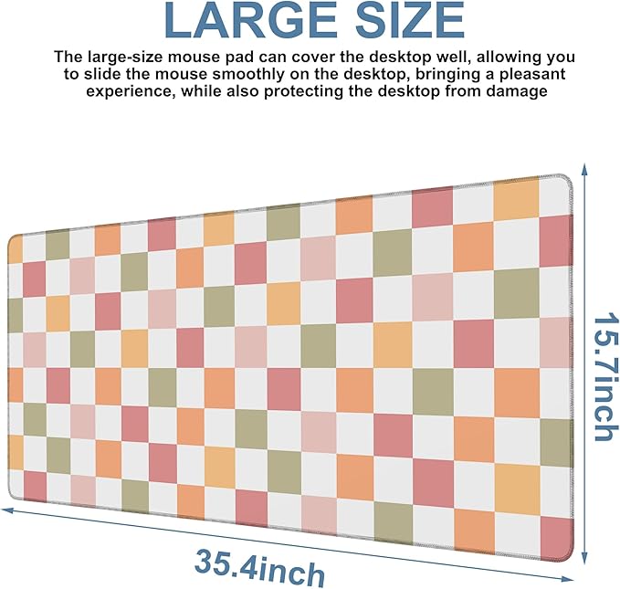 Gaming Desk Pad Large Extra Length Multicolored Chess Board Mouse Pad Keyboard Laptop Non-Slip Waterproof with Rubber Base Thick Stitched Edge Mouse Mat for Office Home 35.4 x 15.7 Inches