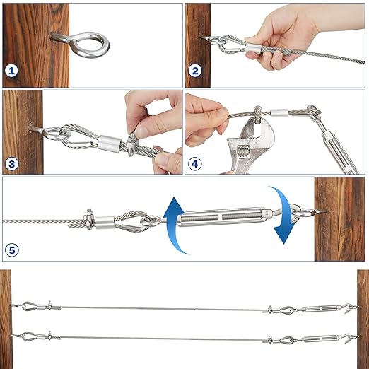 TooTaci 3/16 Wire Rope Kit with M8 Turnbuckles for Cables Wire, 50ft Stainless Steel Cable, Clamps and Thimbles, 7x19 Strands Heavy Duty Aircraft Cable for Zipline, Deck Railing, Shade Sail