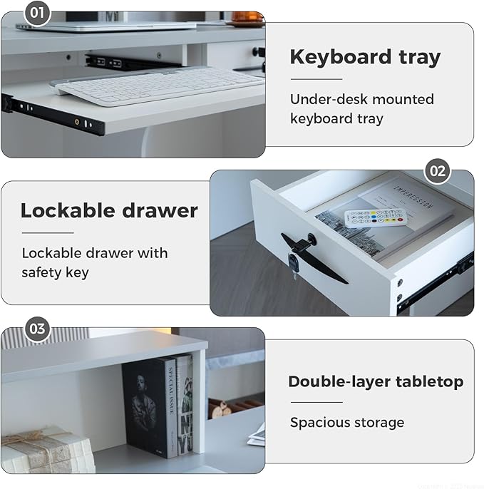 Reception Desk with Counter, Modern Front Desk Reception Counter with Keyboard Tray, Lockable Drawer and Storage Shelves for Office, Retail, Salon (White+Gray/Right, 71" L*24" W*39" H)