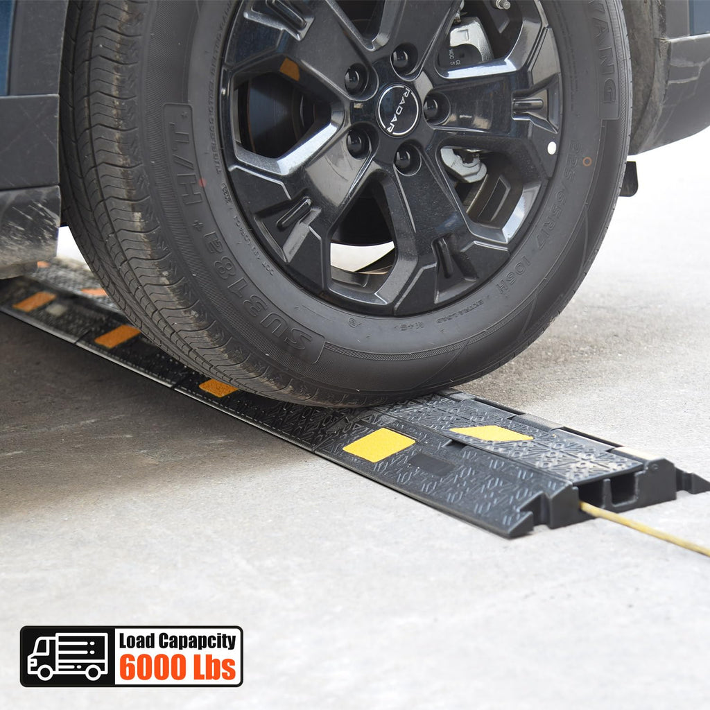 OranLite 6 Pack 2-Channel Rubber Cable Protector Ramp, 17" x 10" x 1.8" inch Interlocking Floor Wire Cord Cable Cover, Visible at Night, Durable Rubber Speed Bump Hump Ramp (2-Channel 6 Pack)