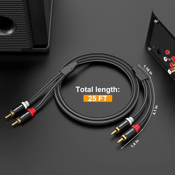 HOSONGIN RCA Cables 25ft 2 Pack[Hi-Fi Sound, Nylon Braided, Shielded], 2-Male to 2-Male RCA Audio Stereo Subwoofer Cable Auxiliary Cord for Home Theater, HDTV, Amplifiers, Hi-Fi Systems, Speakers