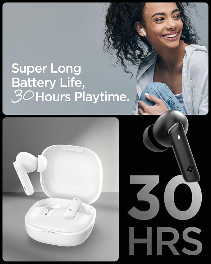 Spigen True Wireless Earbuds, Active Noise Cancellation Bluetooth Headphones with 30H Playtime, EQ Customizing App, 6 Mics, Gaming Mode, LCP Graphene Driver - White