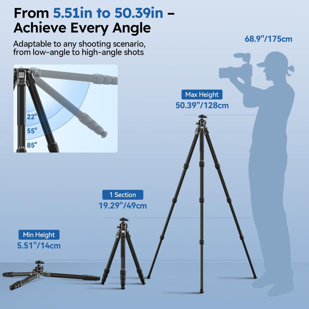 SIRUI 50.4"/128cm Carbon Fiber Travel Tripod Kit, Max Load 44lb/20kg