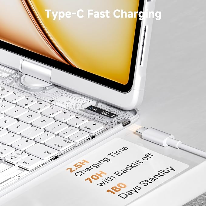 iPad Keyboard Case for iPad 10th Gen (2022) & 11th (A16, 2025), Magic Wireless Keyboard with Trackpad 7 Color Backlit, 360° Rotating Stand Transparent Protective Cover with Pencil Holder (White)