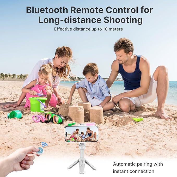 ULANZI JJ02 Selfie Stick Tripod, Extendable Grip Phone Tripod w Detachable Remote Pocket Size, 3-in-1 Mini Phone Grip 2 Cold Shoe, 10m/393.7'' Wireless Shutter, Vlog Livestreaming Photography(White)