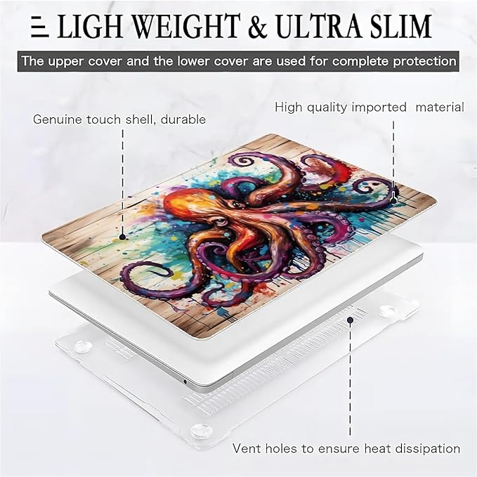 Compatible with MacBook Air 13.3 13.6 Inch Case 2022 2021 2020 2019 Plastic Hard Shell Case Cover,13.3 Air (A1932/A2179/A2337), Octopus