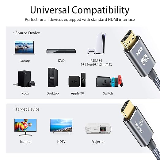 LEADSTAR HDMI Cable 4K 60 ft Fiber Optic, 4K 60Hz 18Gbps High Speed HDMI 2.0 Cord Braided | Ultra HD, HDR10, 1080p, eARC, 3D, HDCP 2.2 | for Xbox, PS5, TV, Laptop, Monitor