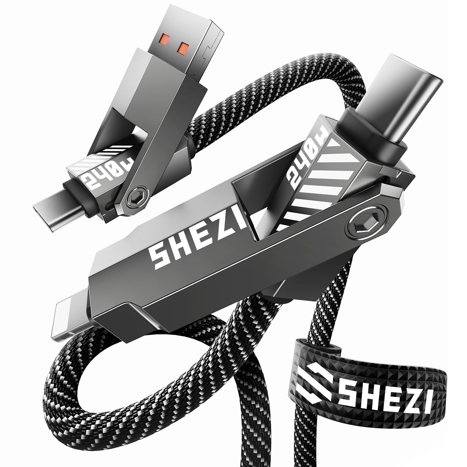 SHEZI Nylon Braided 4 in 1 USB C Cable 240W 5FT Compatible with Lightning Cable, Fast Charging for iPhone/iPad Charger Cord [480Mbps Data Sync],Multi Charging Cable with Type C/USB A, Grey