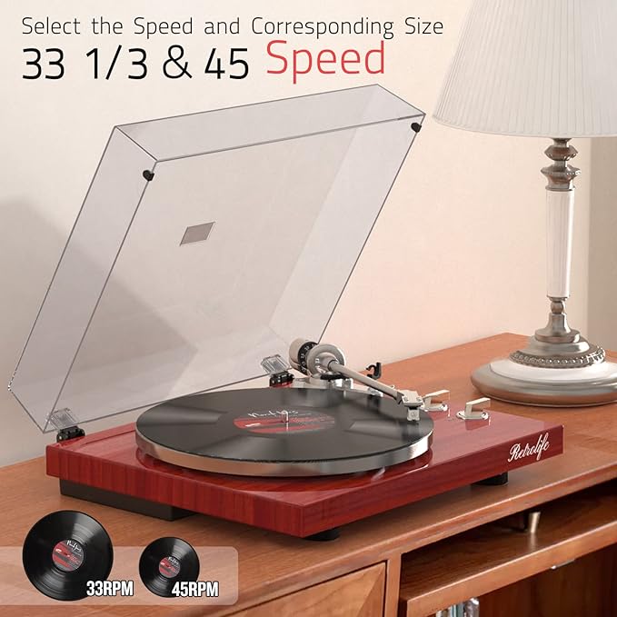 Record Player Turntables for Vinyl Record Belt-Drive Wireless Output Connectivity Phono Line Out USB Digital to PC Recording MM Audio Cartridge Stylus Counterweight Piano Shiny Classic Red
