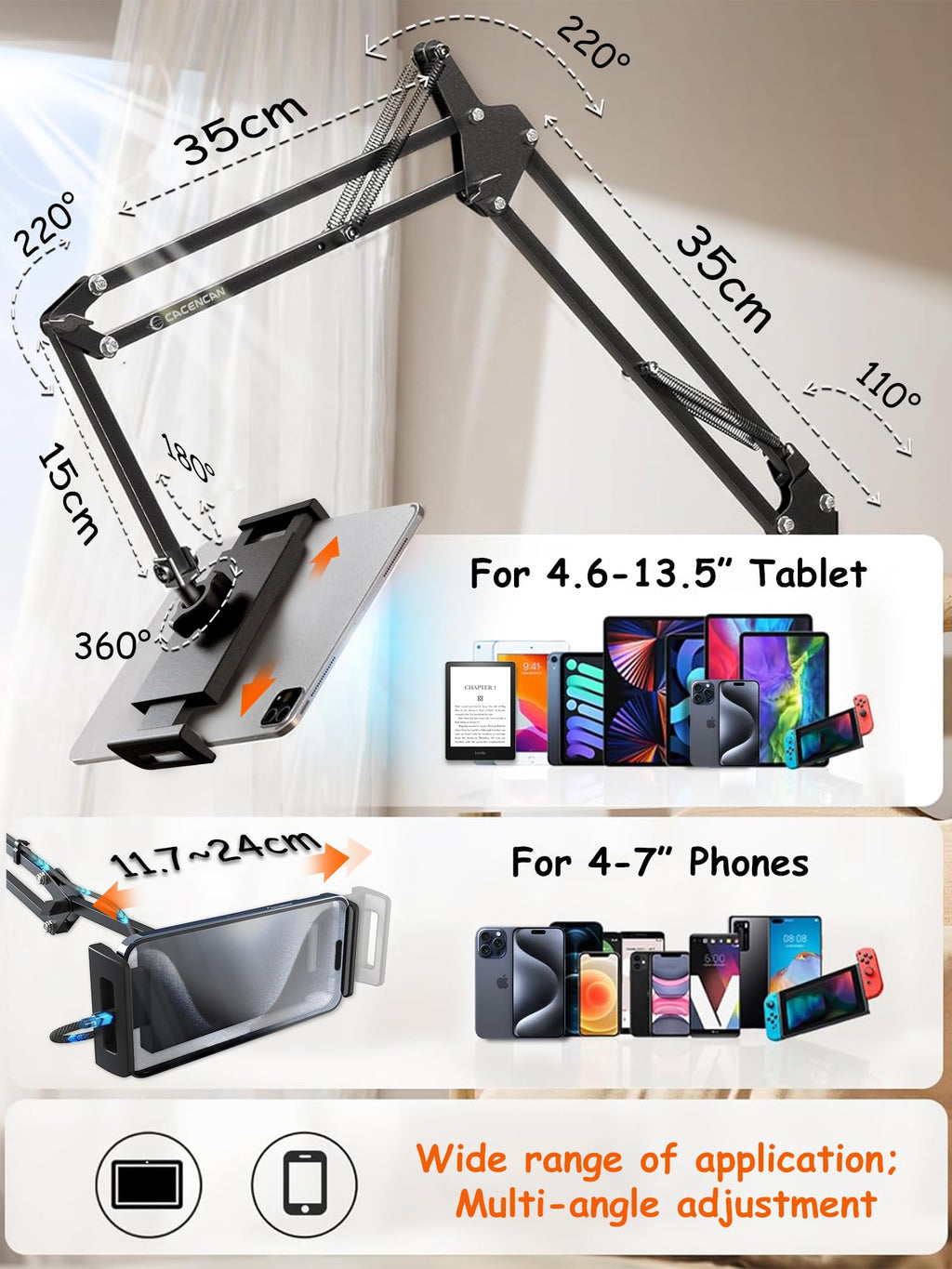 CACENCAN Foldable Tablet Stand, Tablet Stand Adjustable for Bed,Universal Flexible Tablet Holder with 360 Degree Rotation for iPad/iPhoneX/iPad Pro/N-Switch,or Other 4.5~12.9 Inches Devices