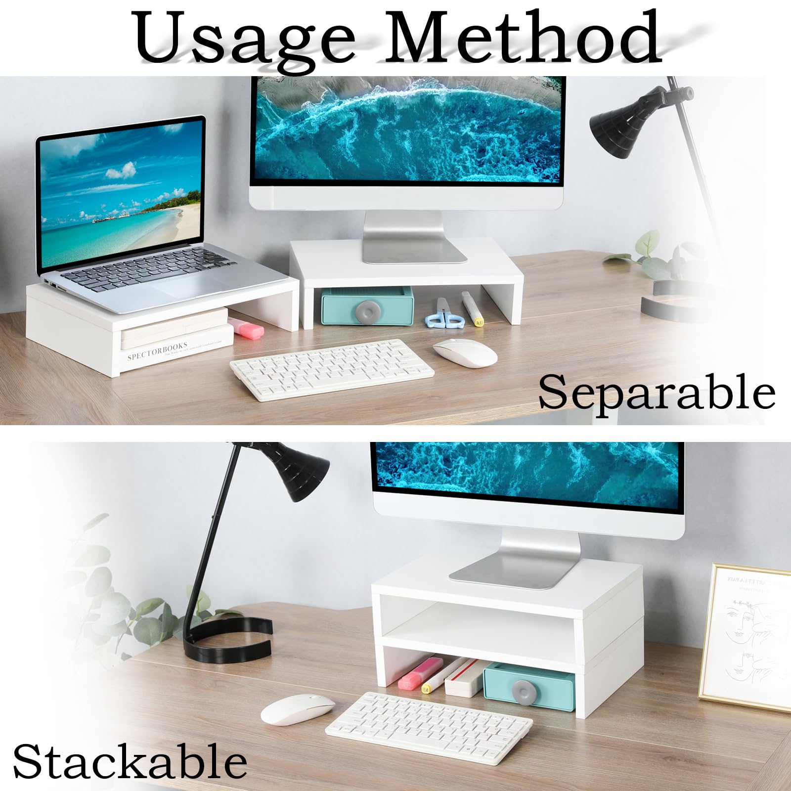 TEAMIX White Monitor Stand Riser - 2 Pack, Wood 2 Tier Adjustable Dual Monitor Riser for Laptop/PC Computer Stand for Desk