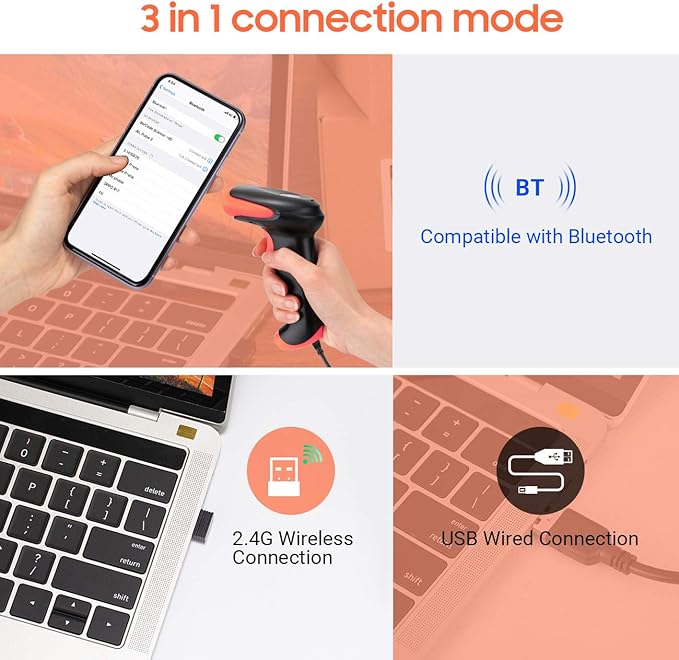 Tera Pro Wireless 2D QR Barcode Scanner 3 in 1 Bluetooth & 2.4GHz Wireless & USB Wired Connection Connect Smart Phone Tablet PC Image Bar Code Reader with Vibration Alert Model HW0002-O