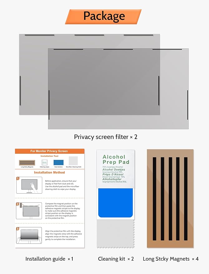 [2 Pack] 27 Inch 16:9 Magnetic Privacy Screen for Monitor Anti-Glare, Blue Light Filter, Anti-Spy Reusable Removable Privacy Filter for 16:9 Widescreen Desktop Display