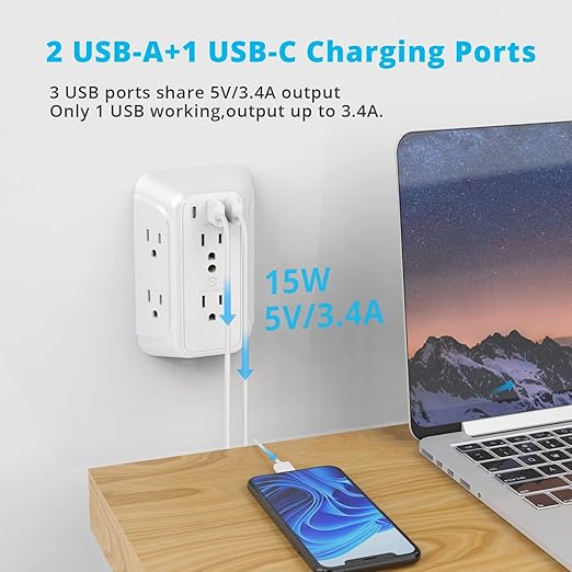 Wall Charger, Surge Protector, 6 Outlet Extender with 3 USB Charging Ports (1 USB C, 3.4A) 900J Wall Mount Power Strip Multi Plug Outlets for Home Travel Office ETL Listed